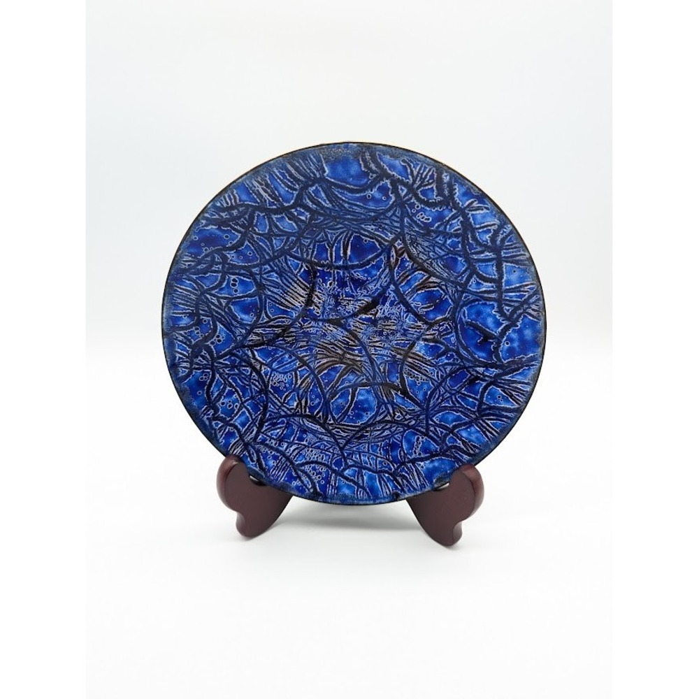 Vintage MCM Enamel on Copper Dish Plate 7" Abstract Mid Century Modern Signed